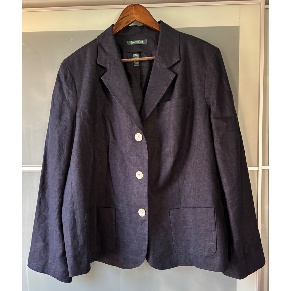 Lauren Ralph Lauren Navy Blue 100% Linen Blazer Jacket Womens 18W Capsule Career